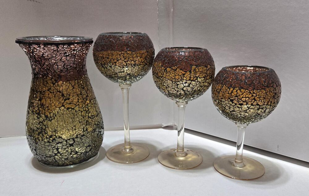 Vintage PartyLite Calypso Mosaic Glass Candle Holder Set 4 Gold Amber Rare